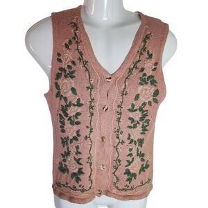 One Step Up Vintage 90s Pink Green Floral Knit Sweater Vest Womens M Cottagecore